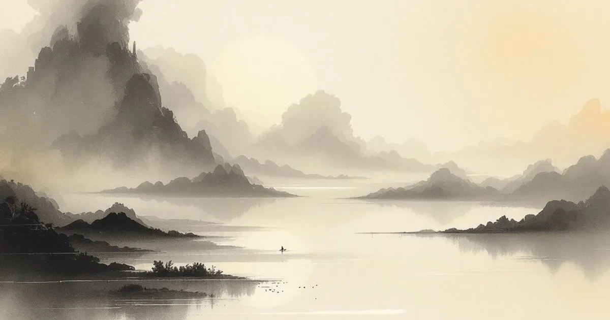 Sumi-e ink-wash illustration: soft radiant light spilling from high clouds over still water.