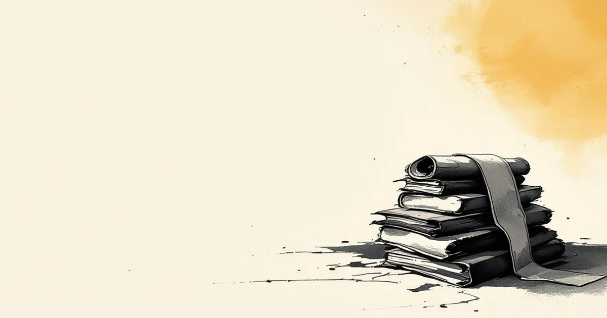 Sumi-e ink-wash illustration: a stack of sutra scrolls catching soft light.