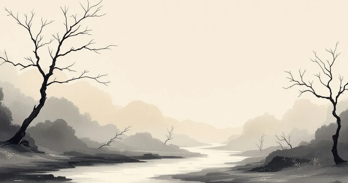 Sumi-e ink-wash illustration: quiet paths meeting at a crossroads in soft mist.