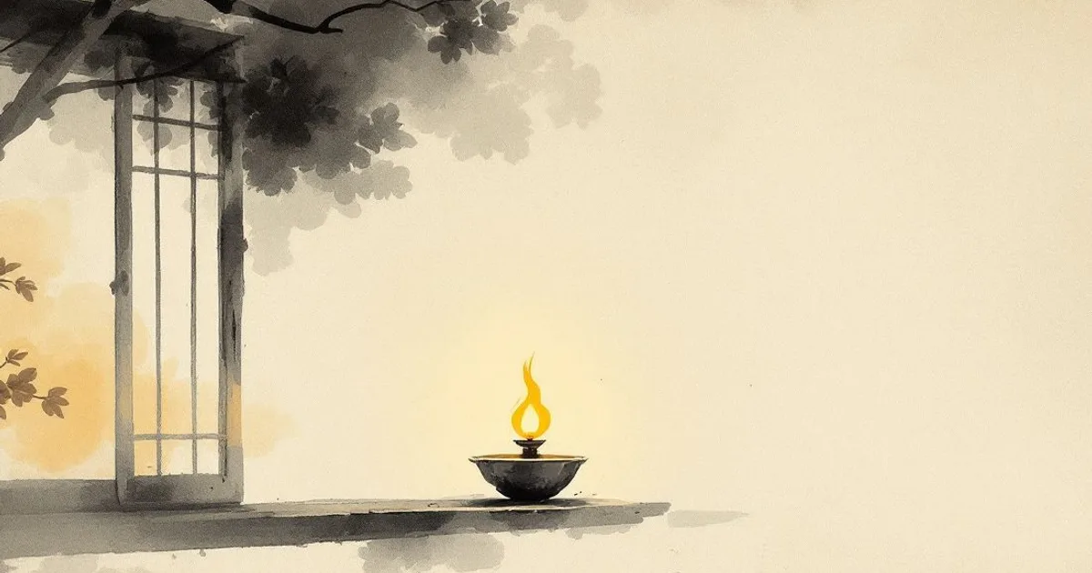 Sumi-e ink-wash illustration: a single oil lamp glowing steadily in a quiet window at dusk.