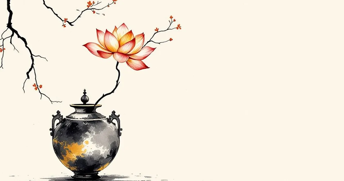 Sumi-e ink-wash illustration: an ornate treasure vase with a single lotus blossom rising from it, in soft ink on ivory.