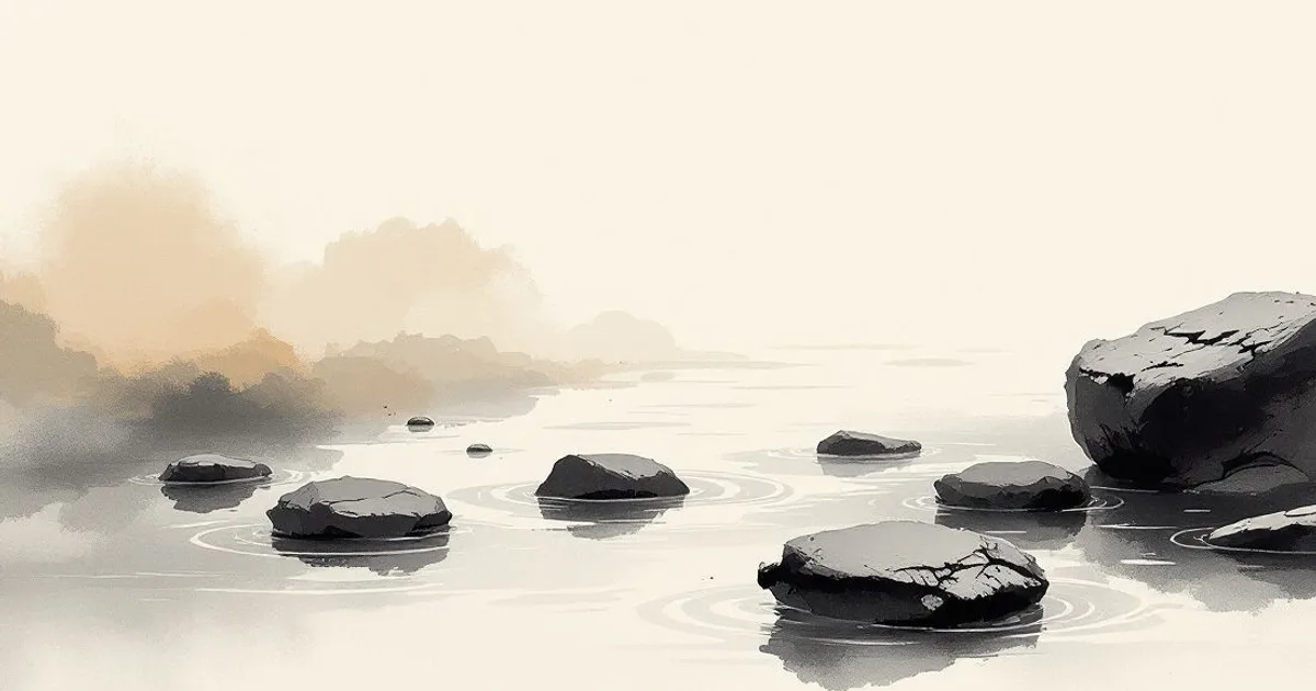 Sumi-e ink-wash illustration: a clear stream flowing over smooth stones.