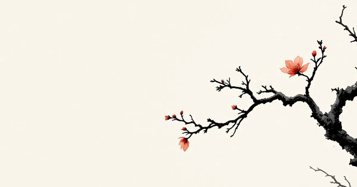 Sumi-e ink-wash illustration: one branch showing bud, full bloom and a falling petal at once.