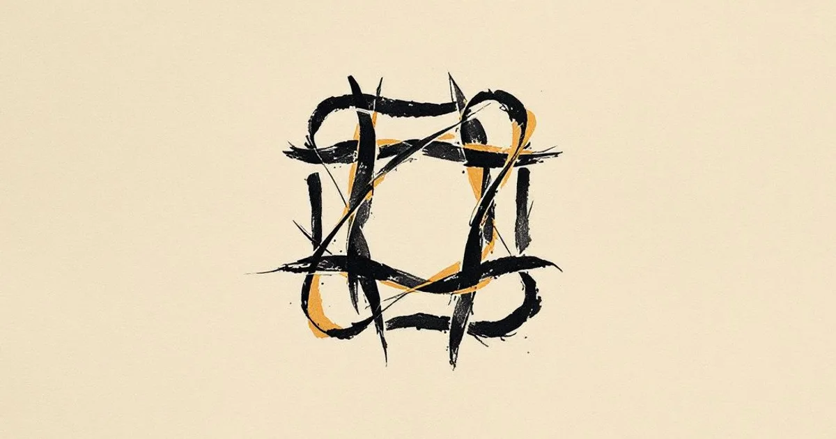 Sumi-e ink-wash illustration: a symmetrical woven endless-knot emblem of interlaced ink strokes with looping corners, centered on ivory.