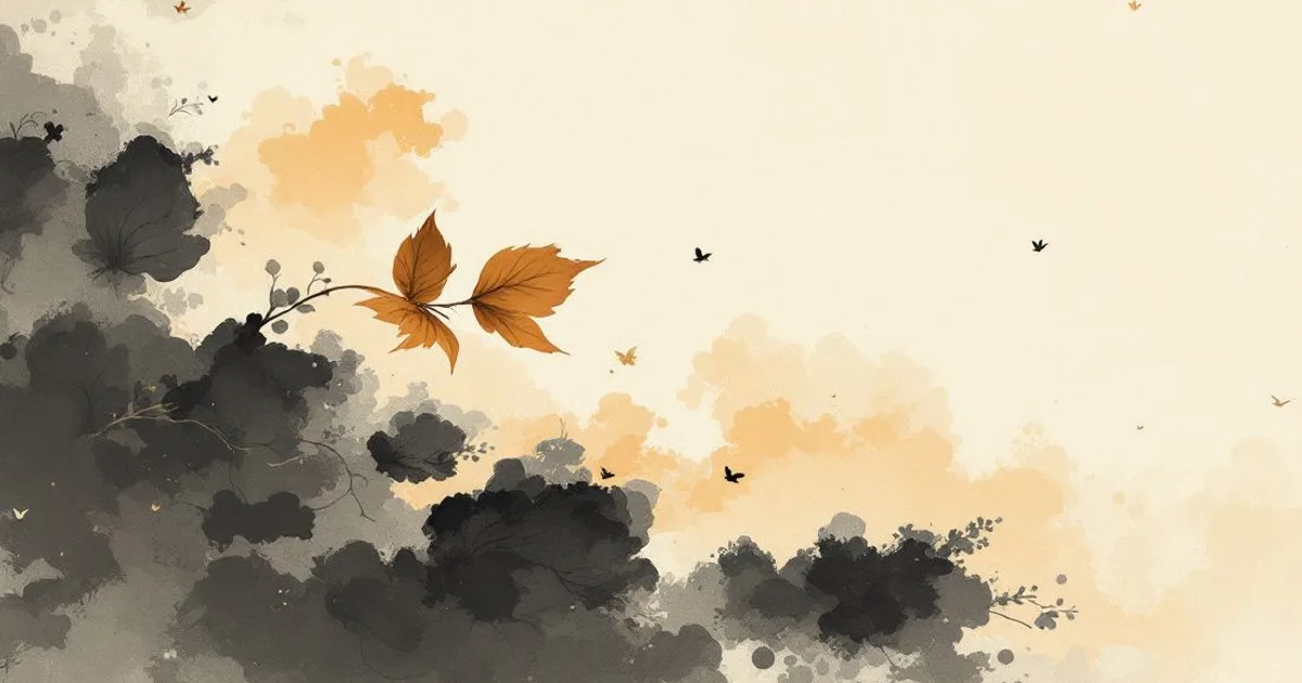 Sumi-e ink-wash illustration: a single page turning in still air.
