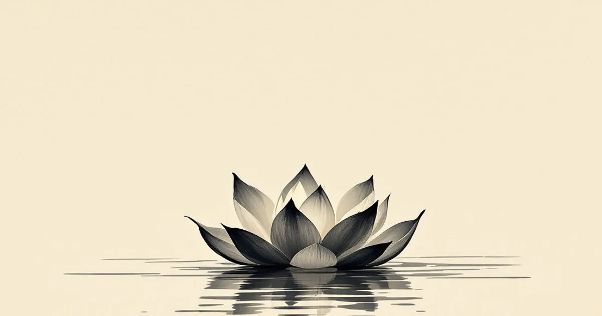 Sumi-e ink-wash illustration: a single lotus on calm water.