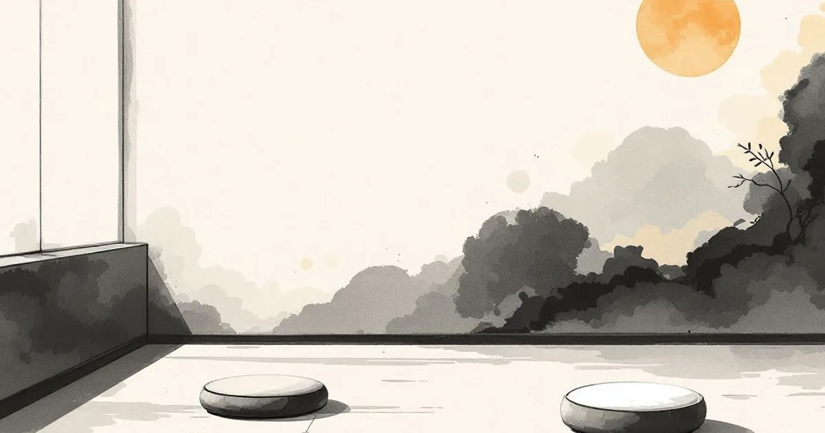 Sumi-e ink-wash illustration: a single meditation cushion in an empty room.
