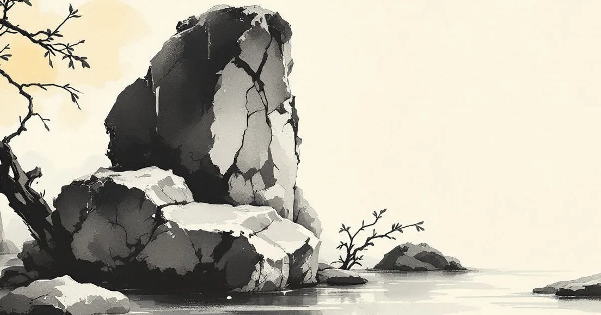 Sumi-e ink-wash illustration: carved stone catching low light.