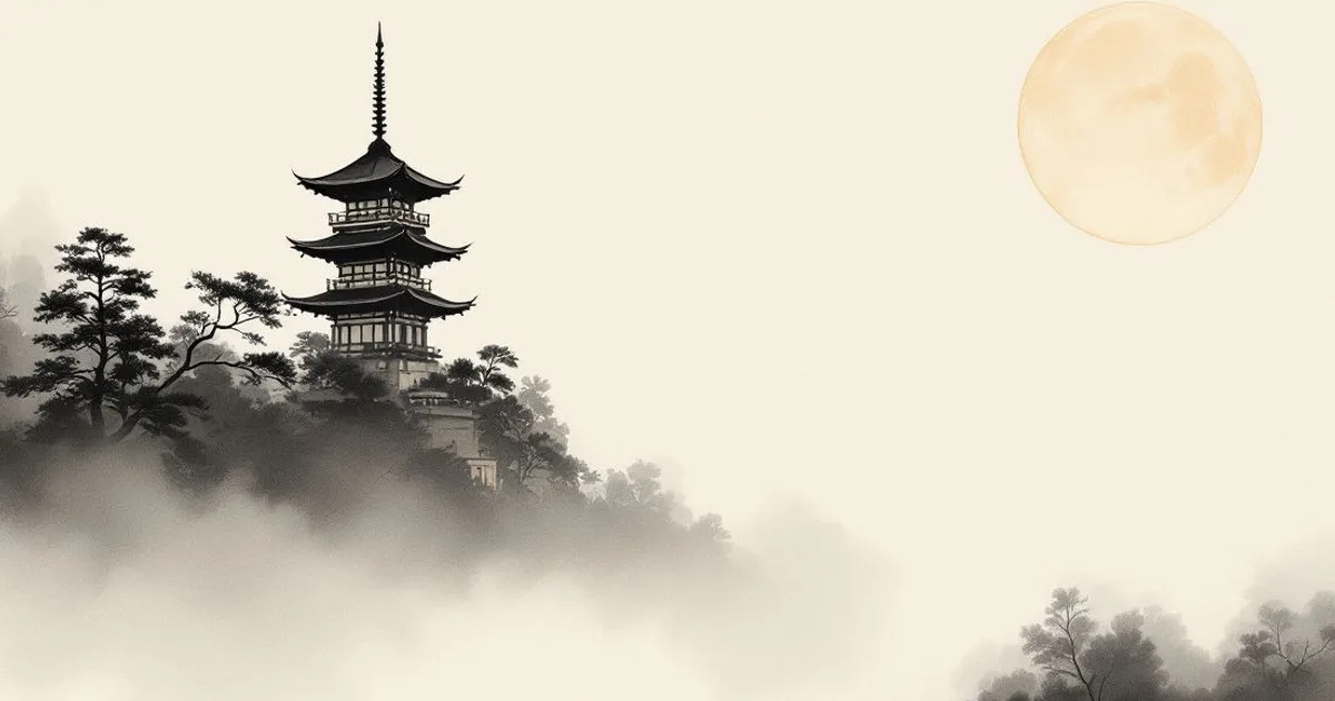 Sumi-e ink-wash illustration: a single pagoda in drifting fog.