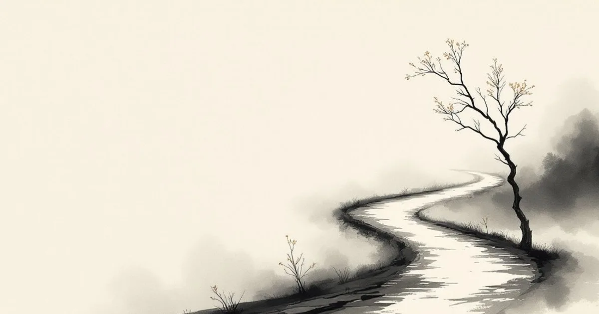 Sumi-e ink-wash illustration: a quiet path winding into soft mist.