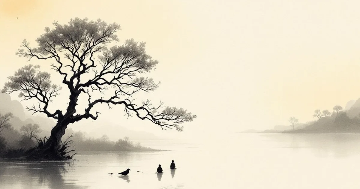 Sumi-e ink-wash illustration: soft dawn light over a quiet river.