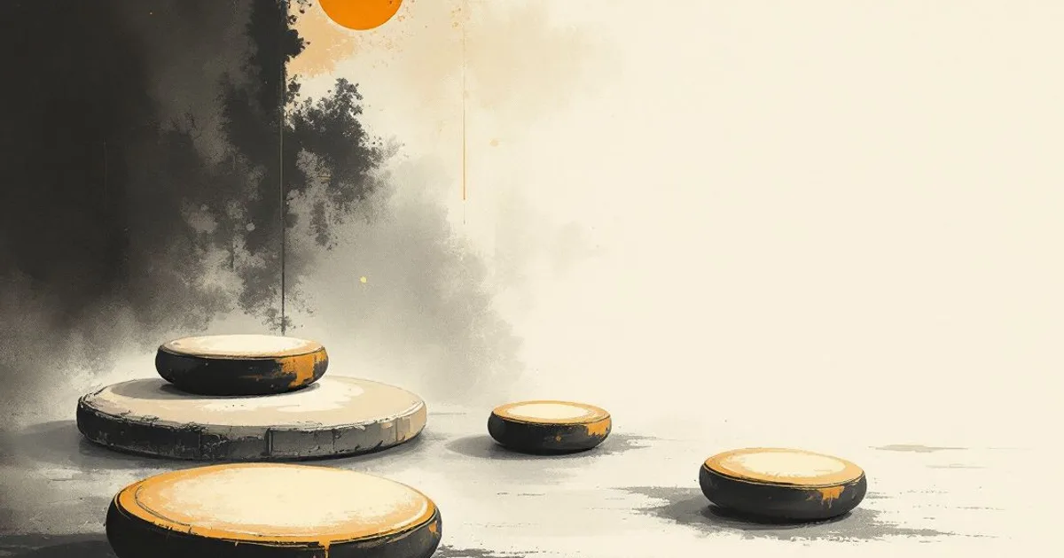 Sumi-e ink-wash illustration: a single meditation cushion in an empty room.