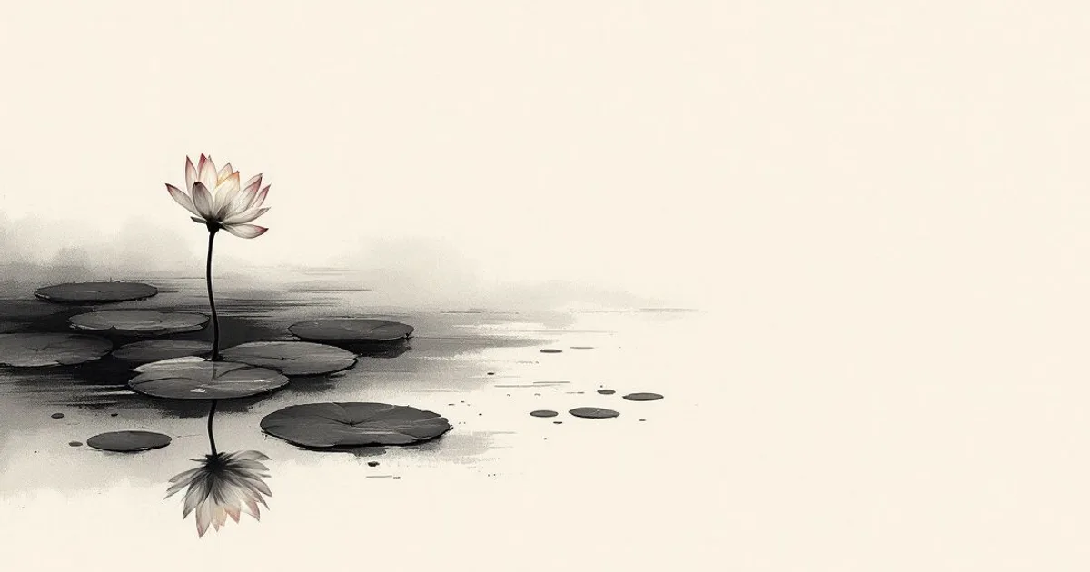Sumi-e ink-wash illustration: a single lotus on calm water.