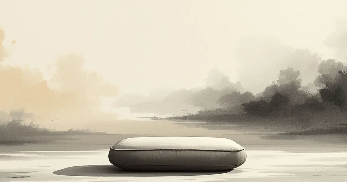 Sumi-e ink-wash illustration: a single meditation cushion in an empty room.