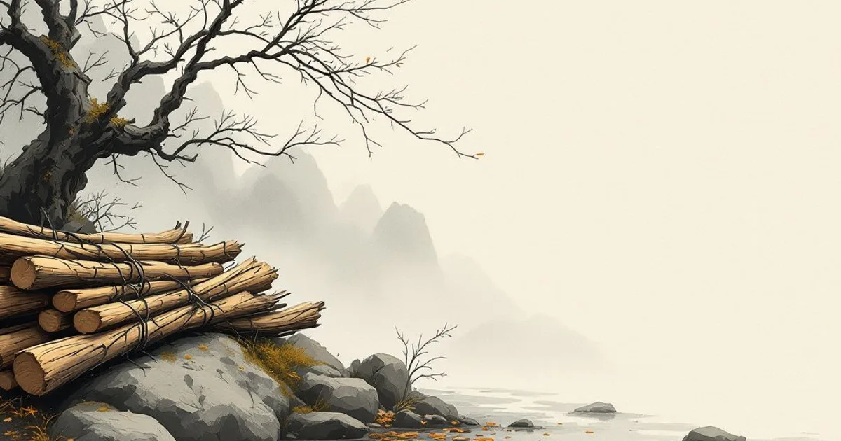 Sumi-e ink-wash illustration: a bundle of chopped firewood resting on a mossy stone beneath a bare tree, misty mountains and a stream beyond.