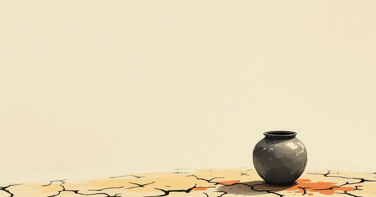 Sumi-e ink-wash illustration: a single empty vessel beside dry, cracked ground at dusk.