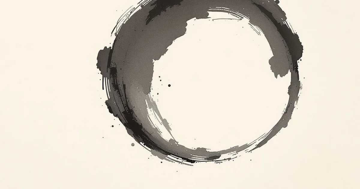 Sumi-e ink-wash illustration: a single ensō, an incomplete brushed ink circle.