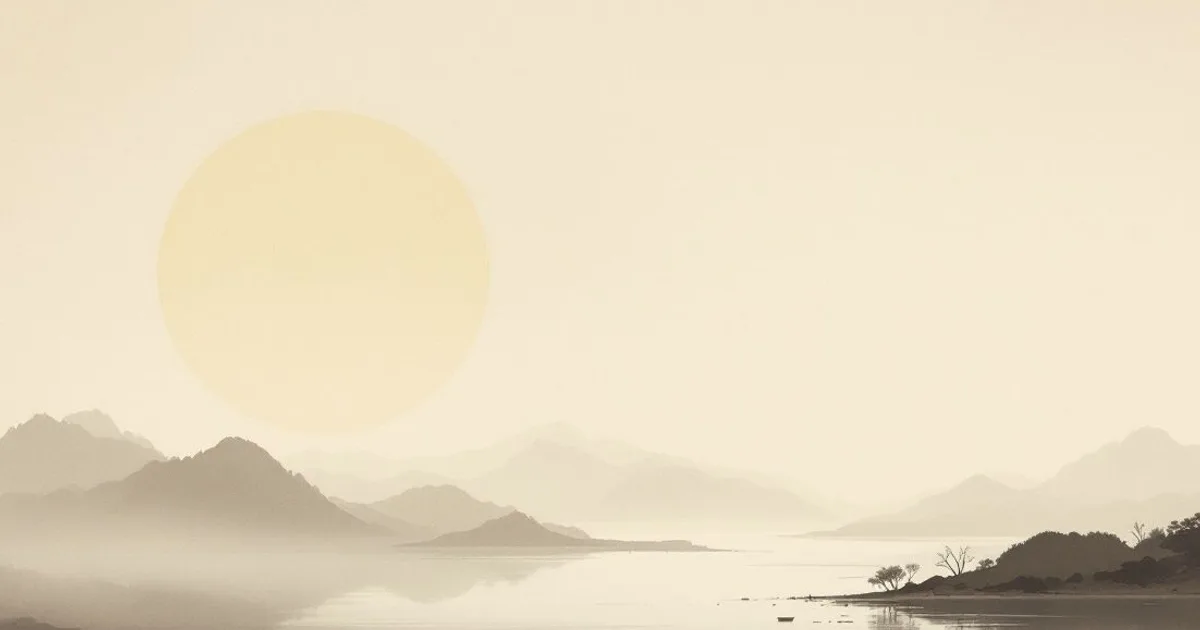 Sumi-e ink-wash illustration: mist drifting over quiet water.
