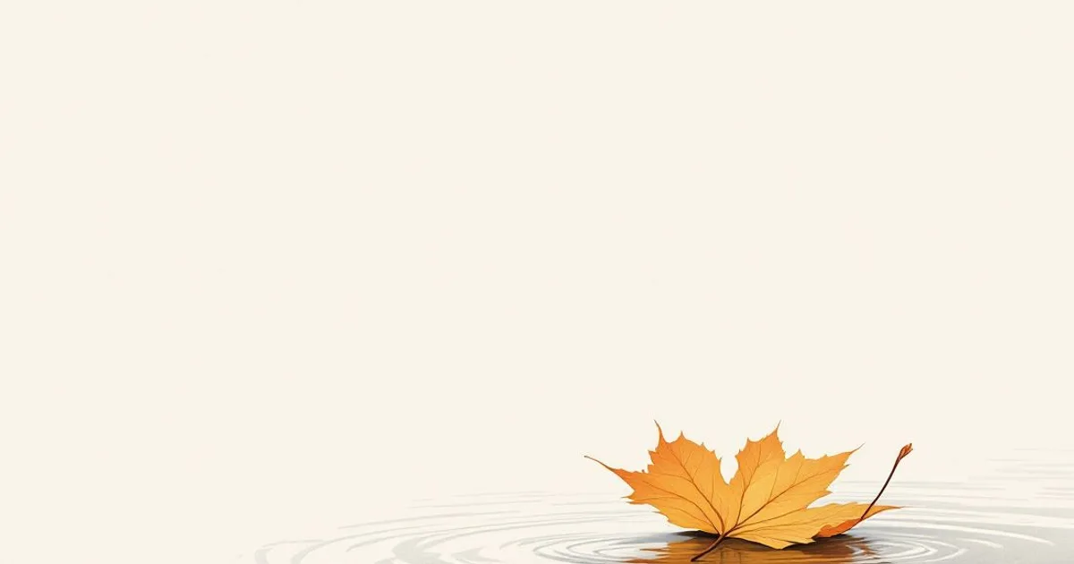 Sumi-e ink-wash illustration: a single autumn leaf resting on calm, clear water.