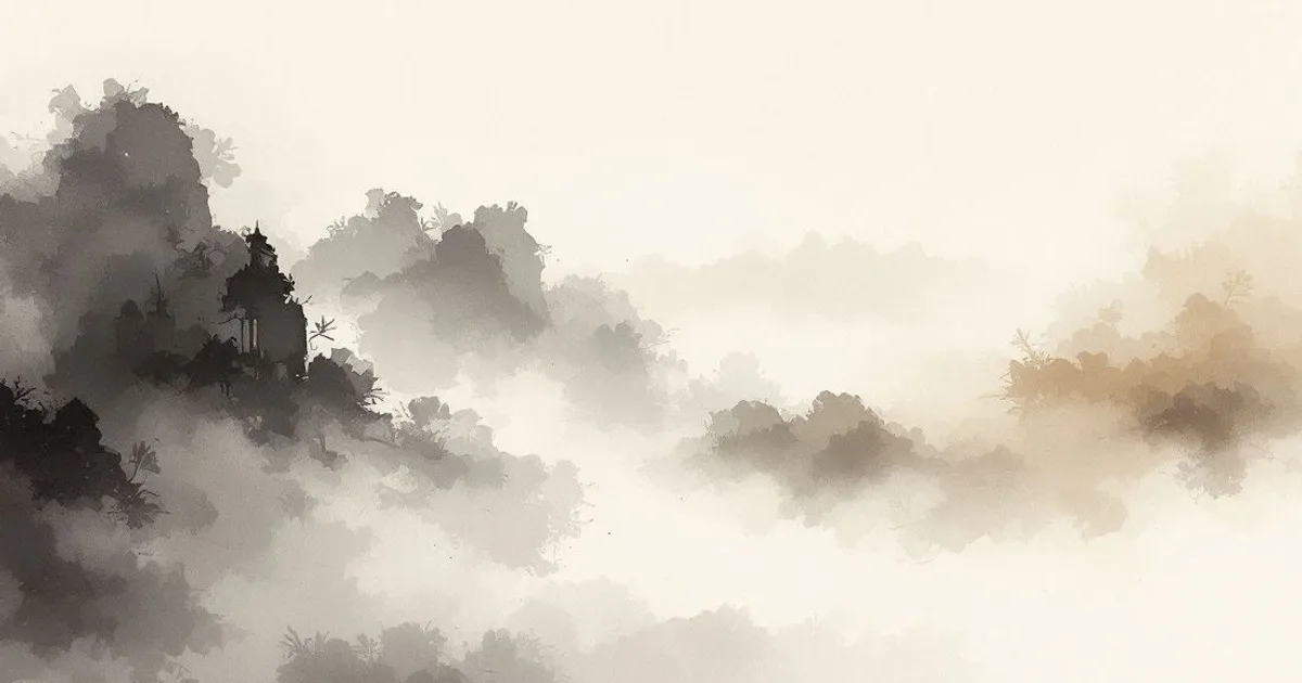 Sumi-e ink-wash illustration: soft light through drifting mist.