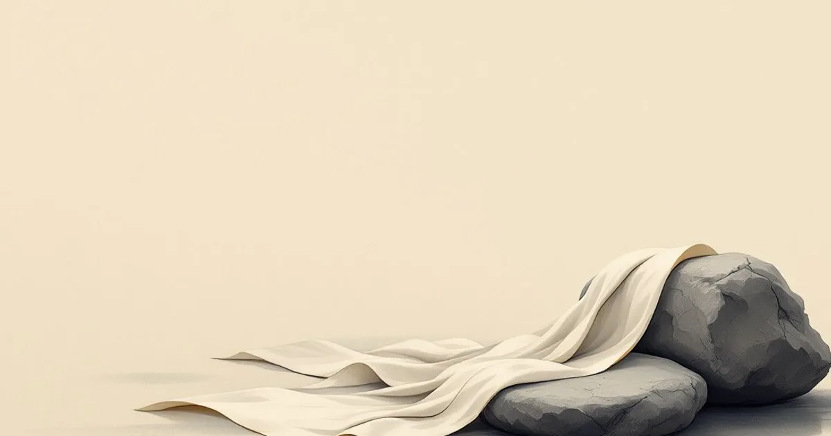 Sumi-e ink-wash illustration: a long white silk ceremonial scarf draped softly over a stone in gentle light.