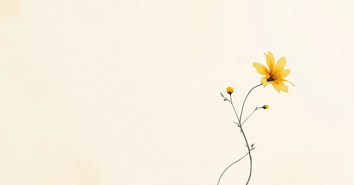 Sumi-e ink-wash illustration: a single mustard flower bending gently in soft light.
