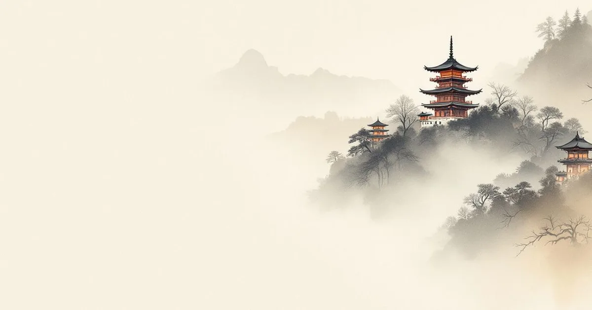 Sumi-e ink-wash illustration: distant pagodas fading into mist.