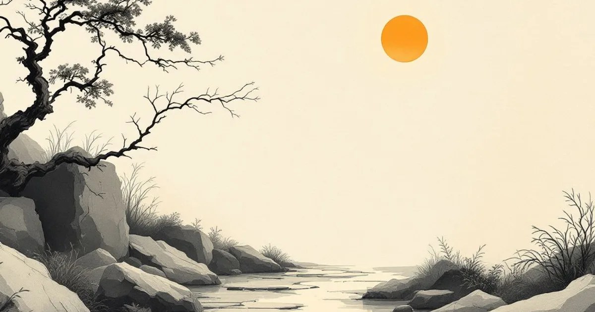Sumi-e ink-wash illustration: an ancient pilgrim path worn into stone.