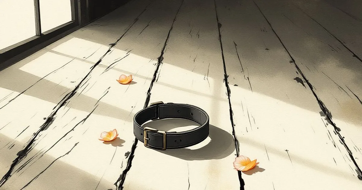Sumi-e ink-wash illustration: an empty pet collar on sunlit wooden floorboards, a few fallen petals scattered nearby.