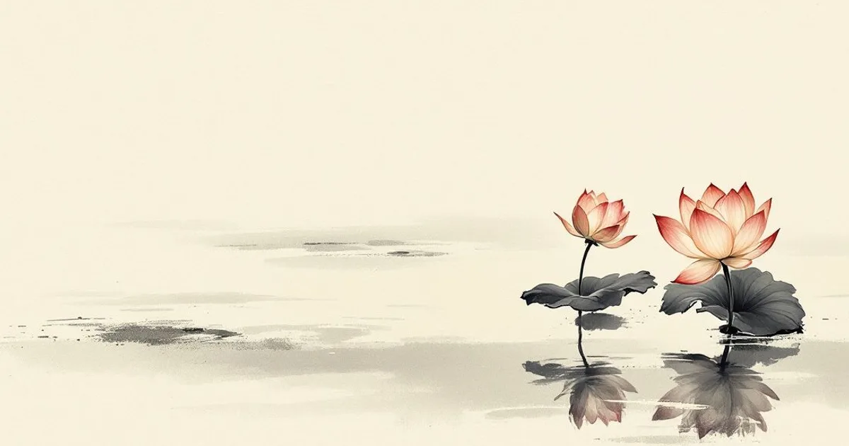 Sumi-e ink-wash illustration: two lotuses sharing one quiet pond.