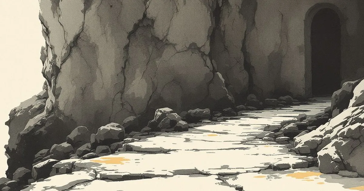 Sumi-e ink-wash illustration: an ancient pilgrim path worn into stone.