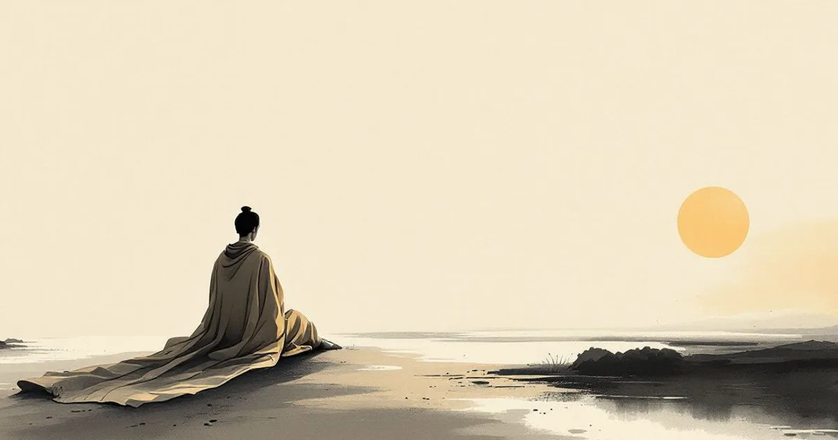 Sumi-e ink-wash illustration: a single folded saffron robe resting on still ground at first light.