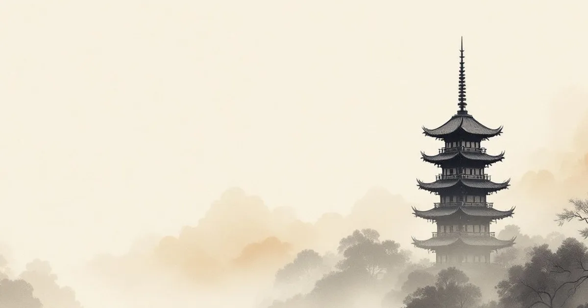 Sumi-e ink-wash illustration: a single pagoda in drifting fog.
