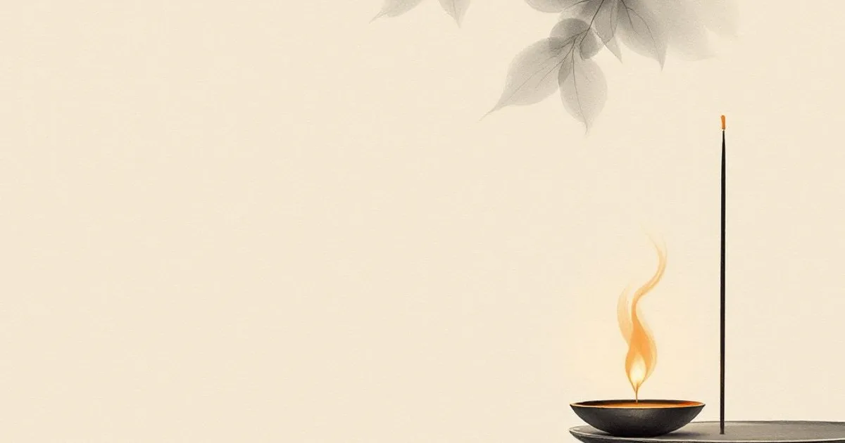 Sumi-e ink-wash illustration: an incense stick and a small flame in a bowl on a low altar, a leafy branch above, in soft light.