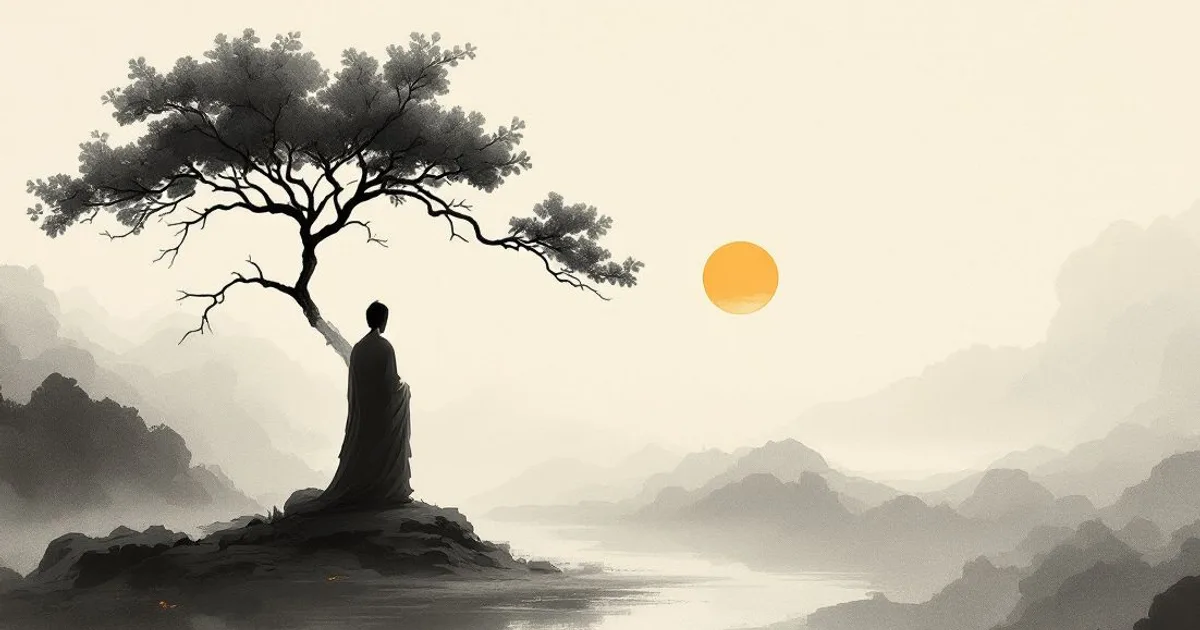 Sumi-e ink-wash illustration: a solitary bodhi tree at dawn.