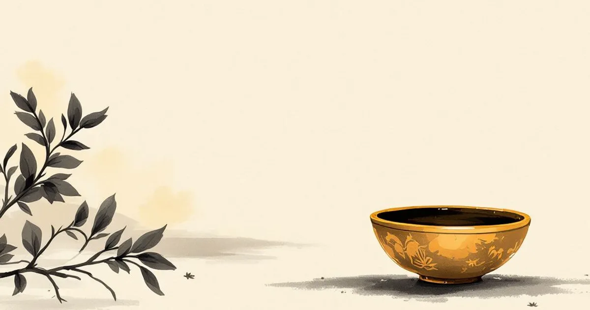 Sumi-e ink-wash illustration: a simple alms bowl beside a sprig of healing herb.