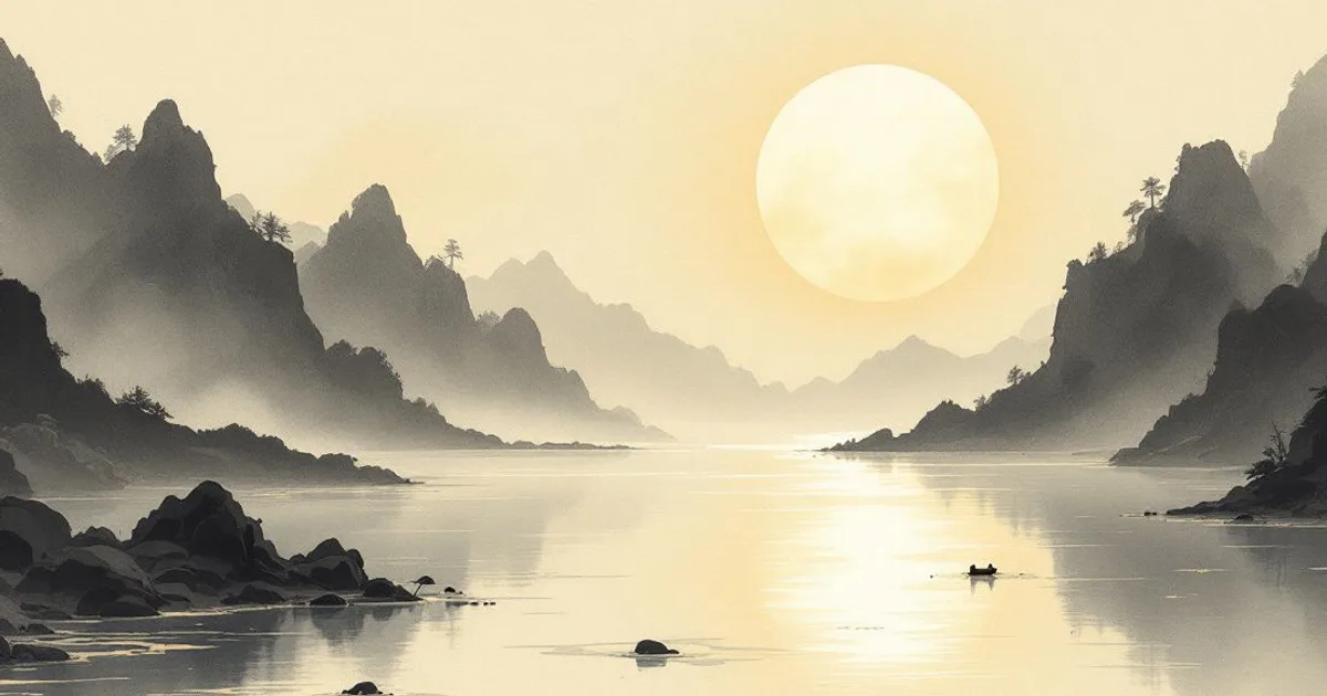 Sumi-e ink-wash illustration: a still pond at first light.