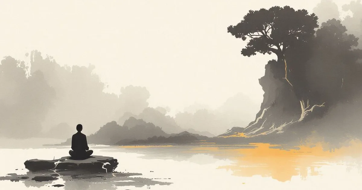 Sumi-e ink-wash illustration: an empty meditation seat.