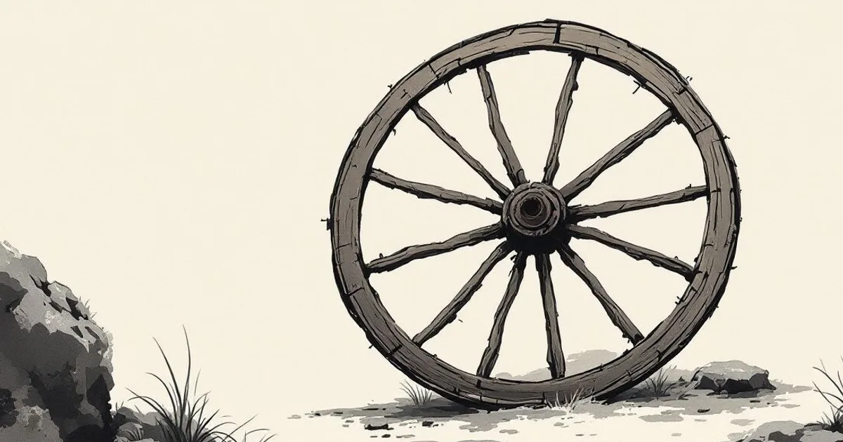 Sumi-e ink-wash illustration: an old wooden spoked chariot wheel standing on stony ground, rocks and grass nearby.