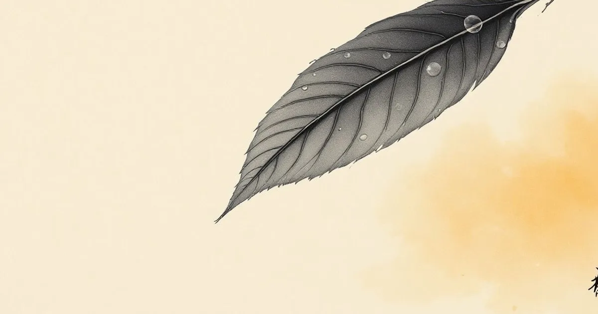 Sumi-e ink-wash illustration: a single dew-laden leaf.