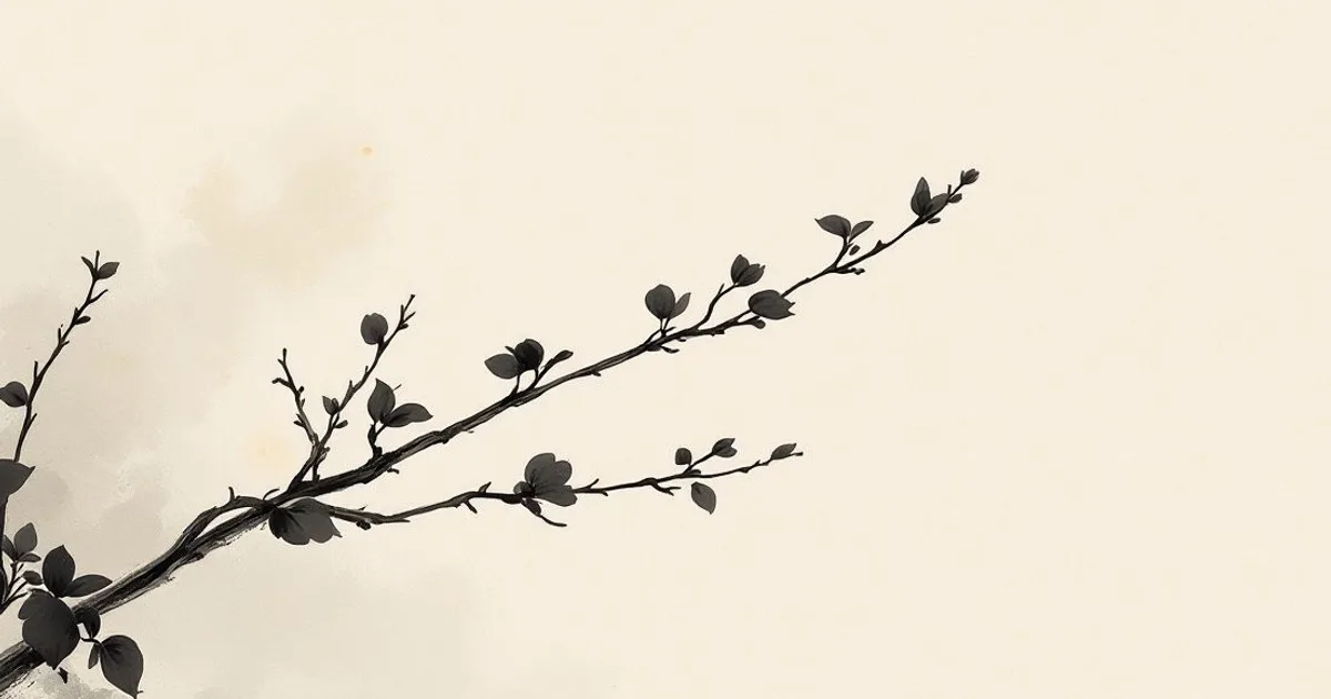 Sumi-e ink-wash illustration: a quiet branch in soft morning light.