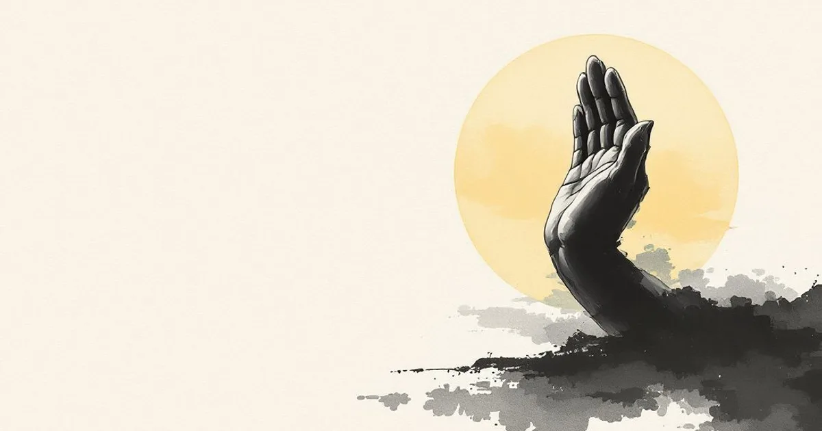 Sumi-e ink-wash illustration: a serene carved stone hand raised in a calm gesture of blessing, soft ink-wash light.
