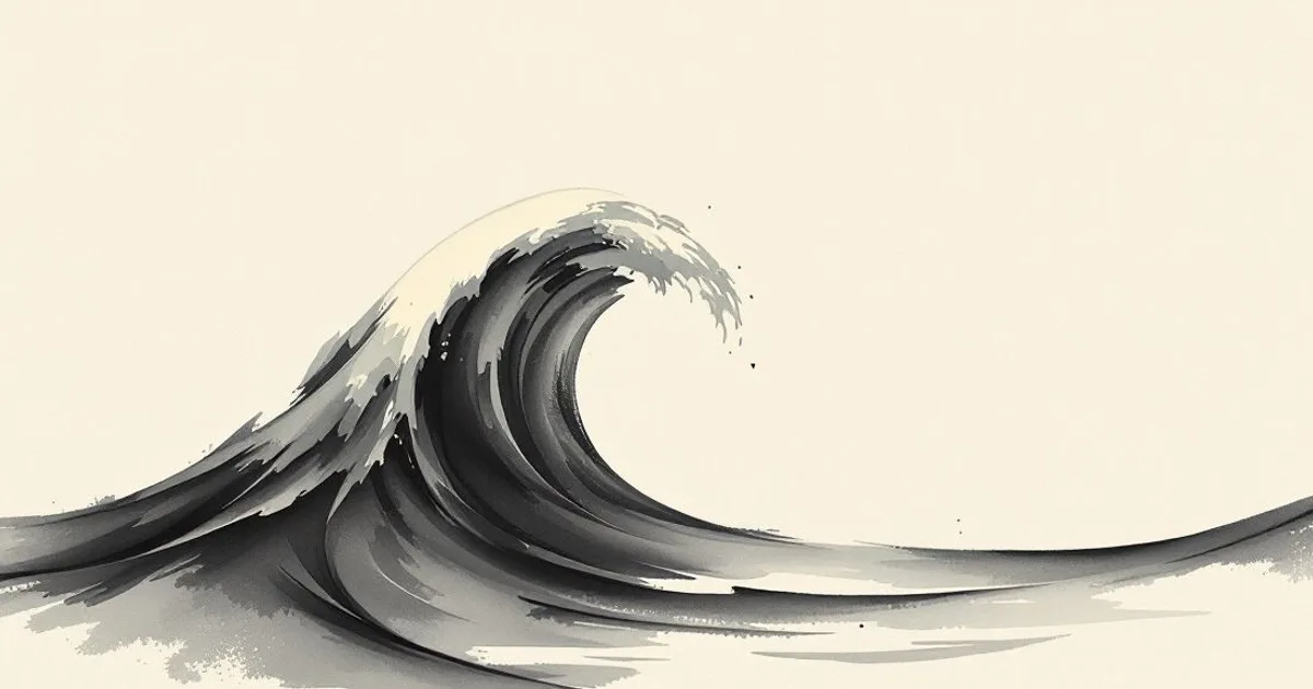Sumi-e ink-wash illustration: a coiled wave-form rising protectively over still water.