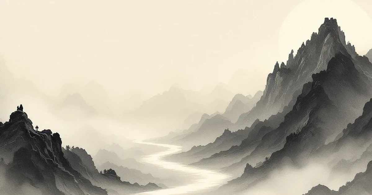 Sumi-e ink-wash illustration: a winding mountain path disappearing into cloud.