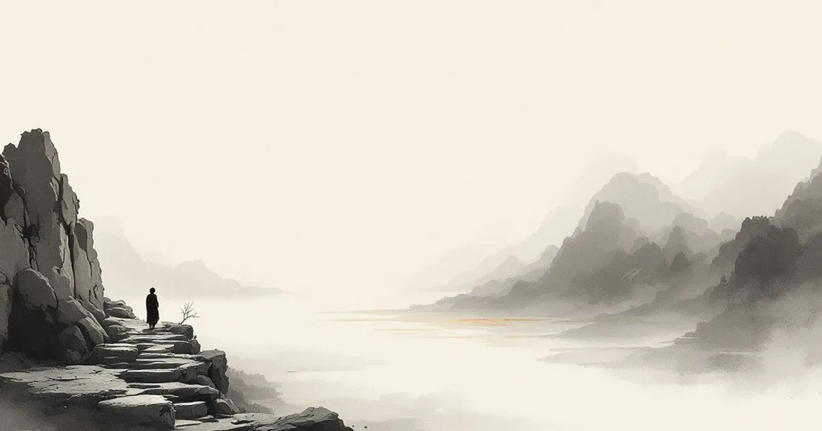 Sumi-e ink-wash illustration: an ancient pilgrim path worn into stone.