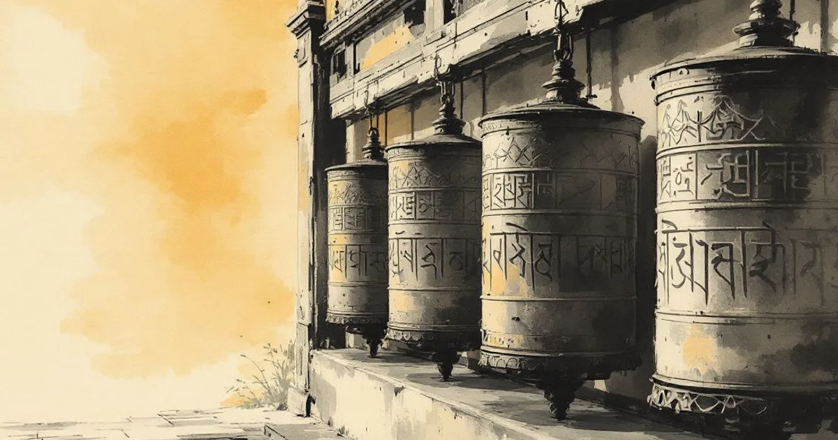 Sumi-e ink-wash illustration: a row of ornate cylindrical Tibetan prayer wheels along a weathered temple wall in soft light.