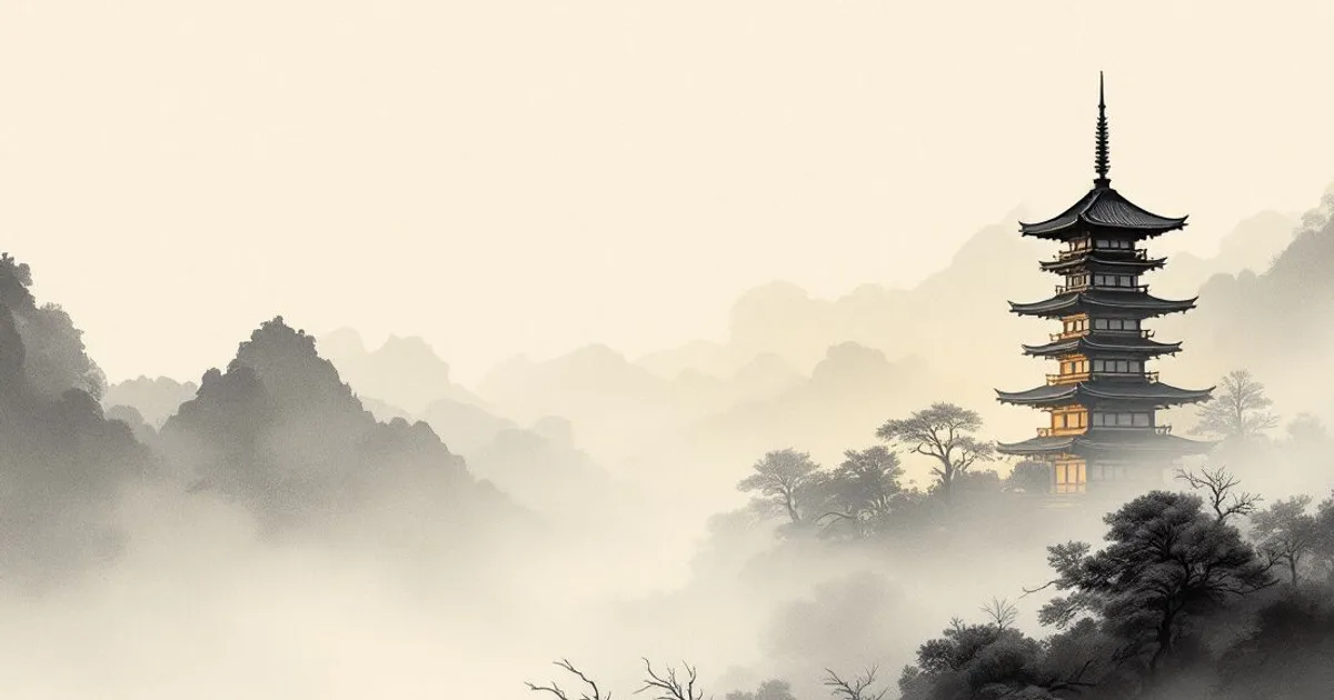 Sumi-e ink-wash illustration: a single pagoda in drifting fog.
