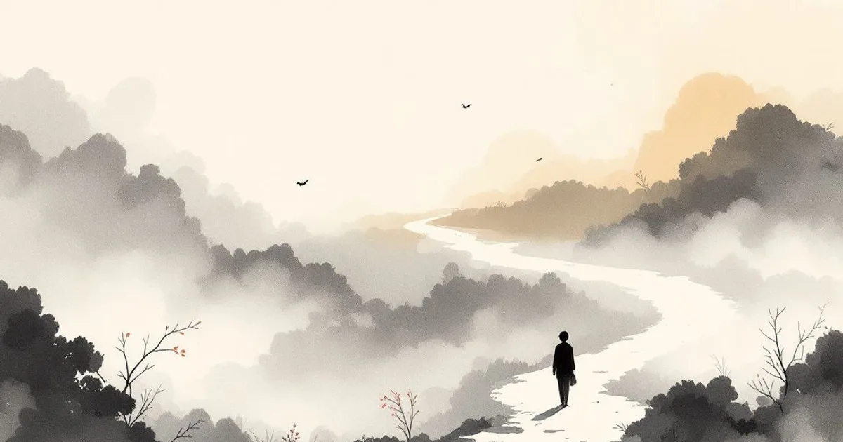 Sumi-e ink-wash illustration: a quiet path winding into soft mist.