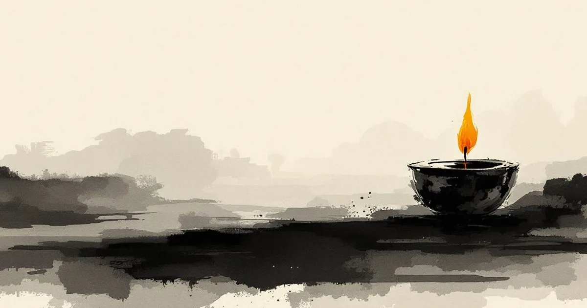 Sumi-e ink-wash illustration: one candle flame in stillness.