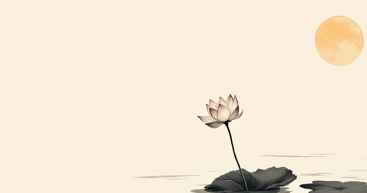 Sumi-e ink-wash illustration: a single lotus rising from calm water.